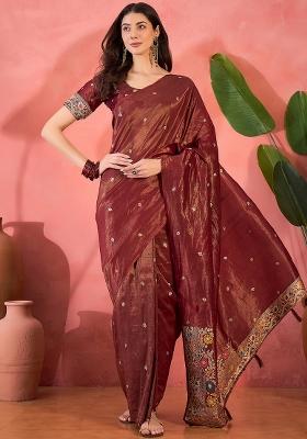 Maroon Embroidered Silk Saree Set