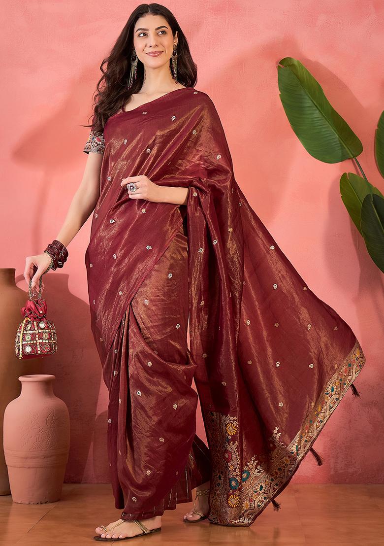 Maroon Embroidered Silk Saree Set - Indya
