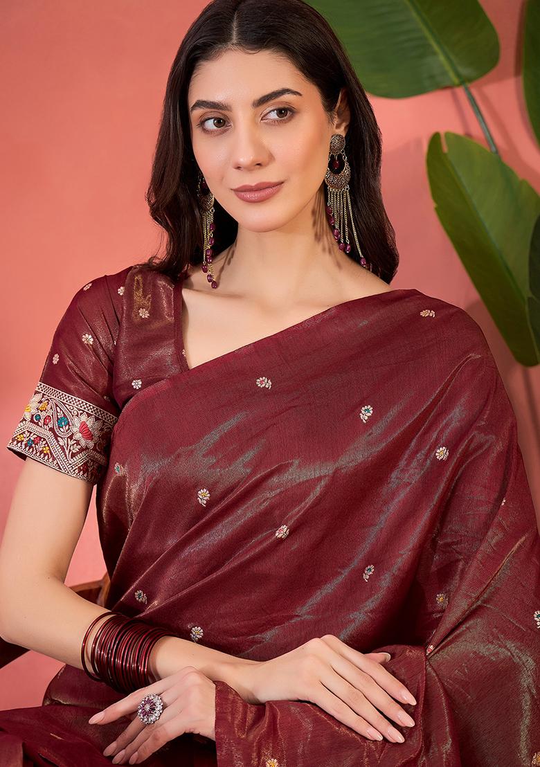 Maroon Embroidered Silk Saree Set - Indya