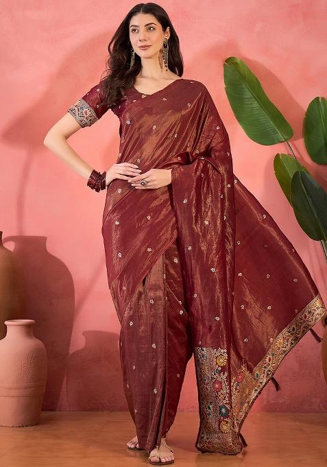 Maroon Embroidered Silk Saree Set