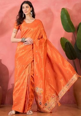 Orange Embroidered Silk Saree Set