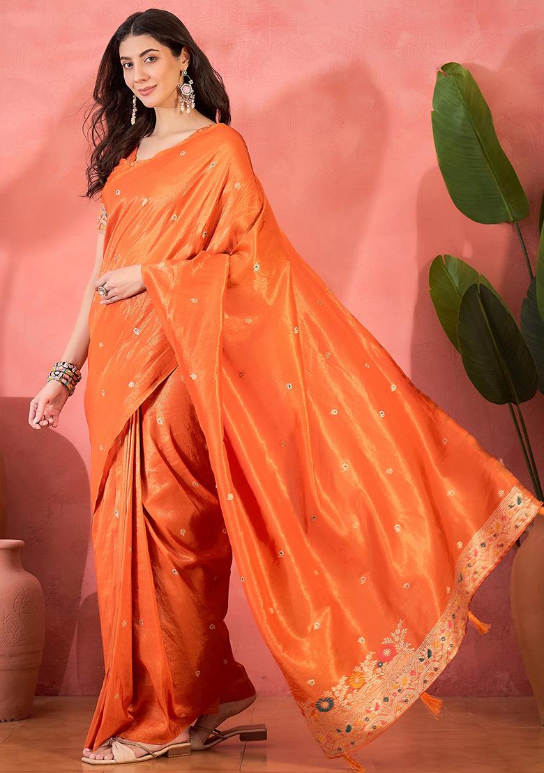 Orange Embroidered Silk Saree Set - Indya