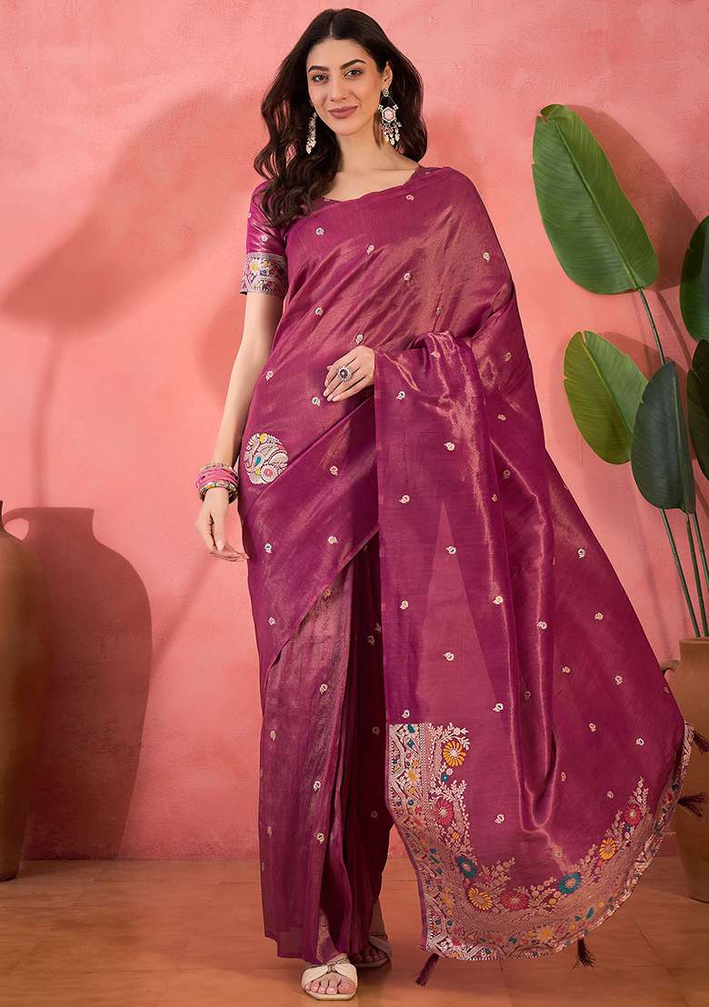 Pink Embroidered Silk Saree Set - Indya