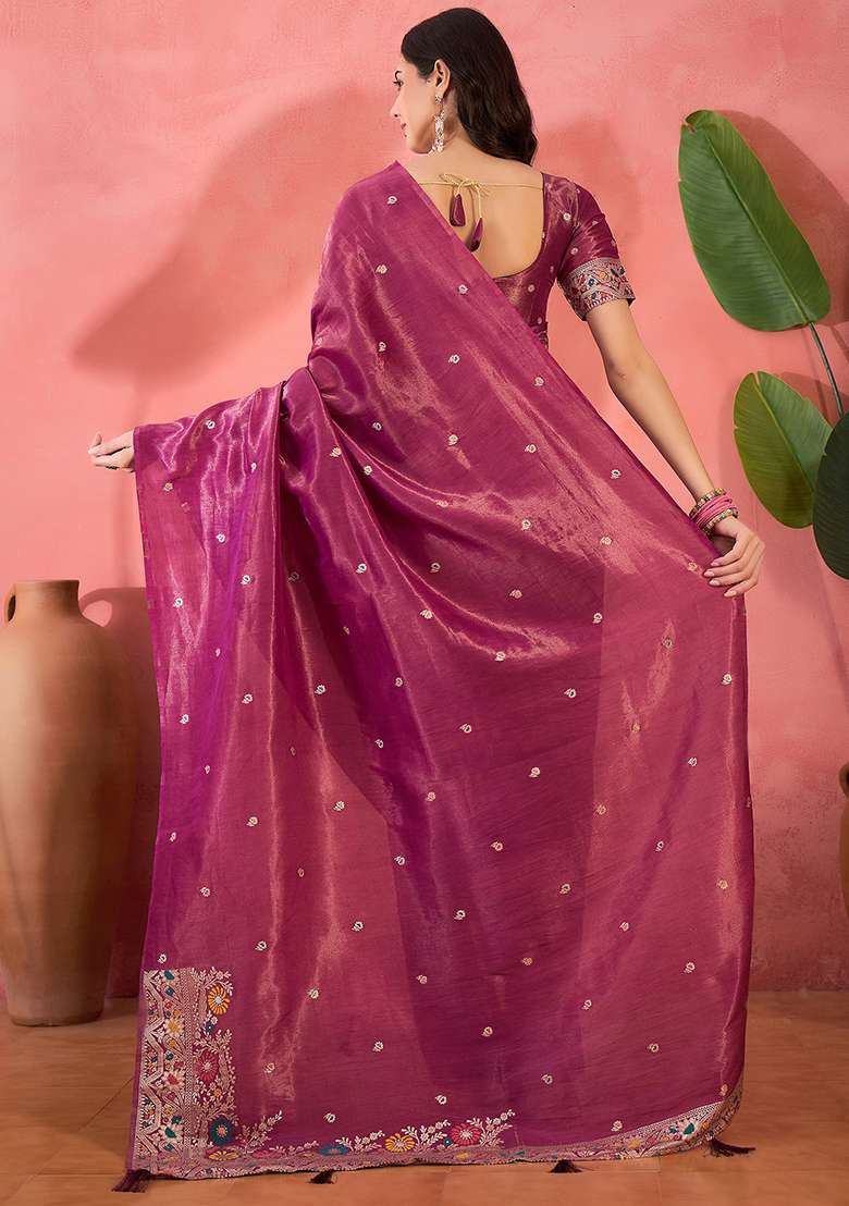 Pink Embroidered Silk Saree Set - Indya