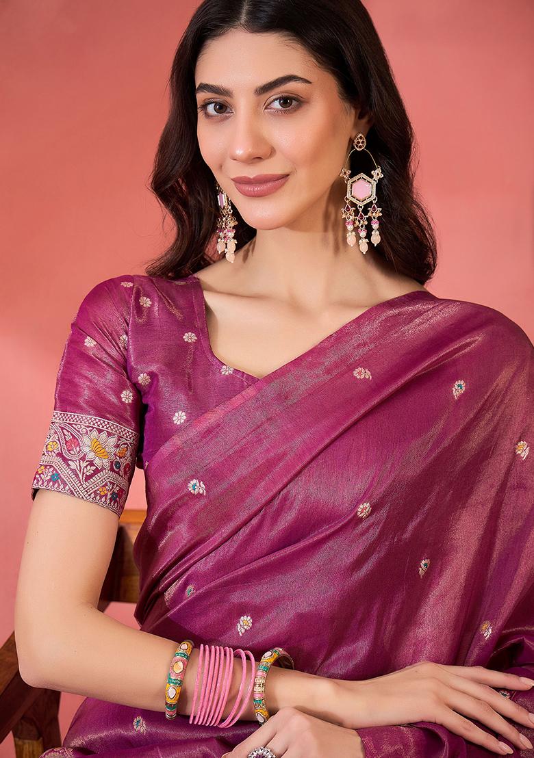 Pink Embroidered Silk Saree Set - Indya