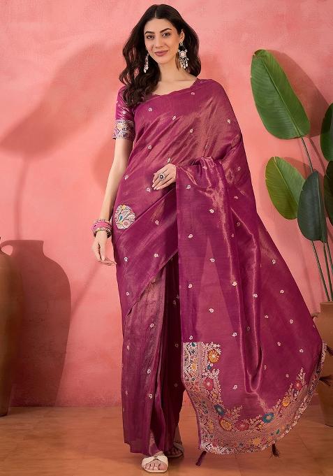 Pink Embroidered Silk Saree Set