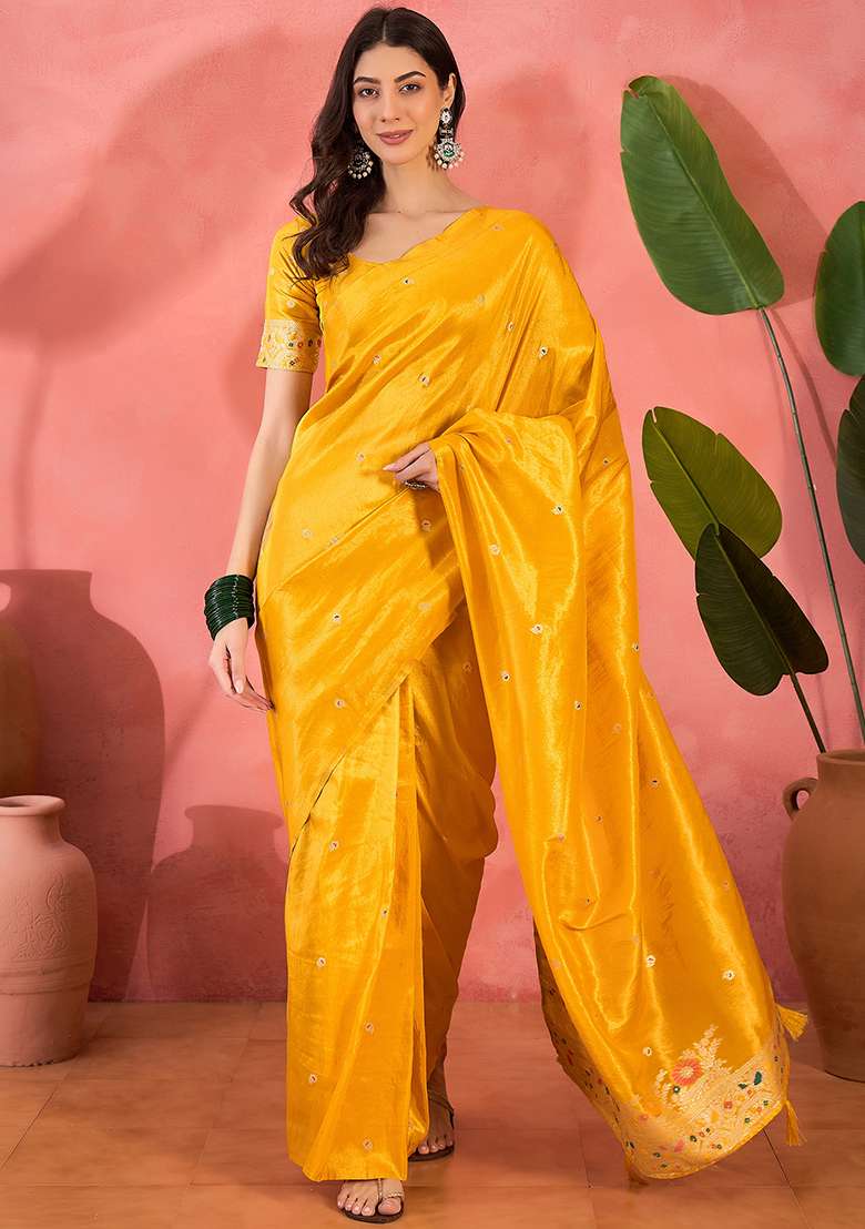 Yellow Embroidered Silk Blend Saree Set - Indya