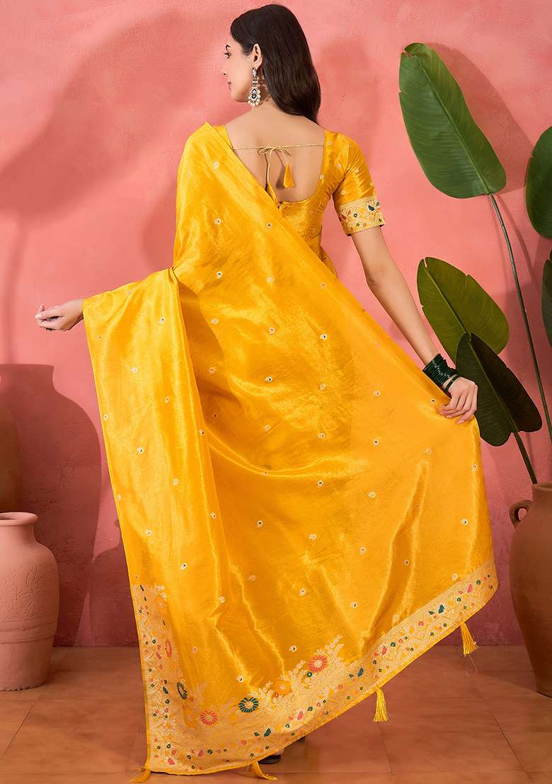 Yellow Embroidered Silk Blend Saree Set - Indya