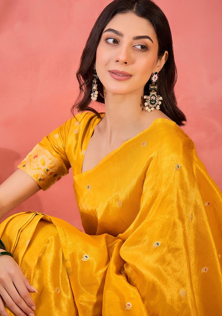 Yellow Embroidered Silk Saree Set - Indya