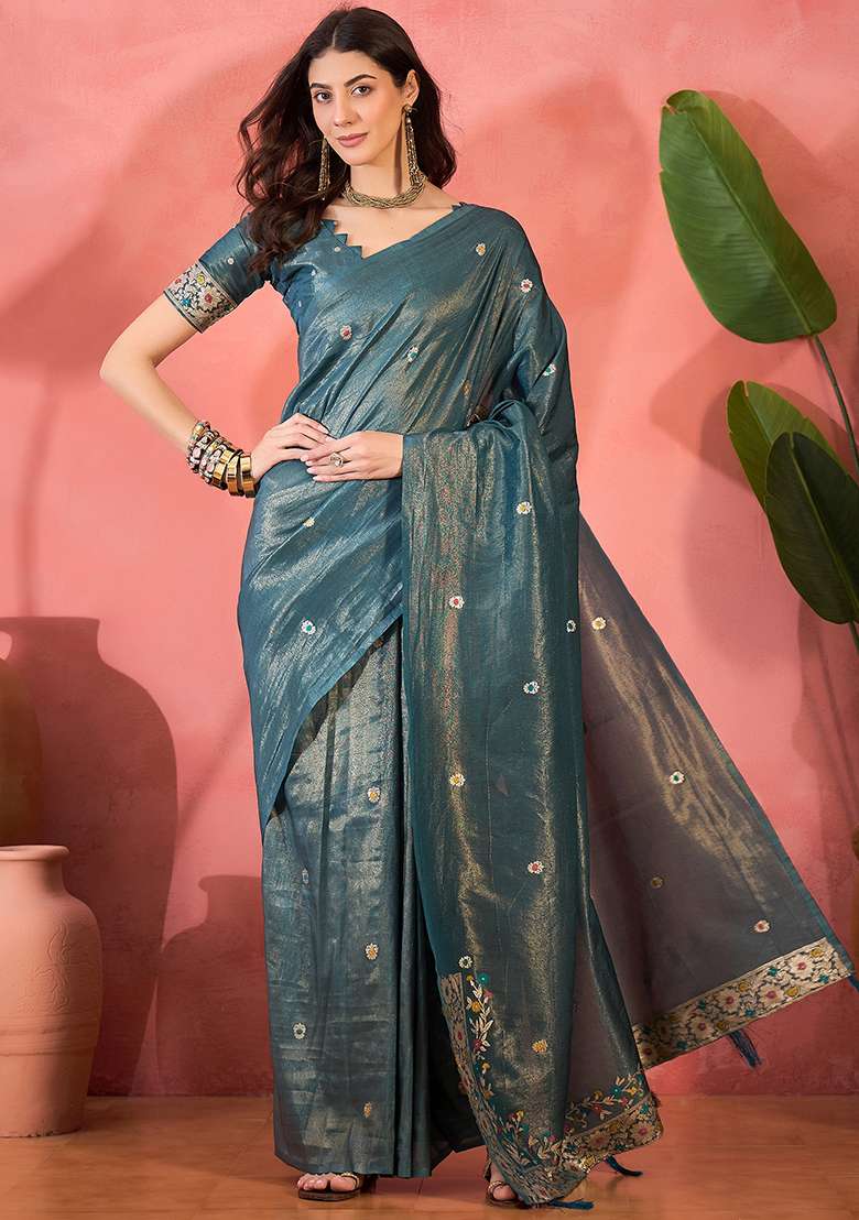 Blue Embroidered Silk Blend Saree Set - Indya
