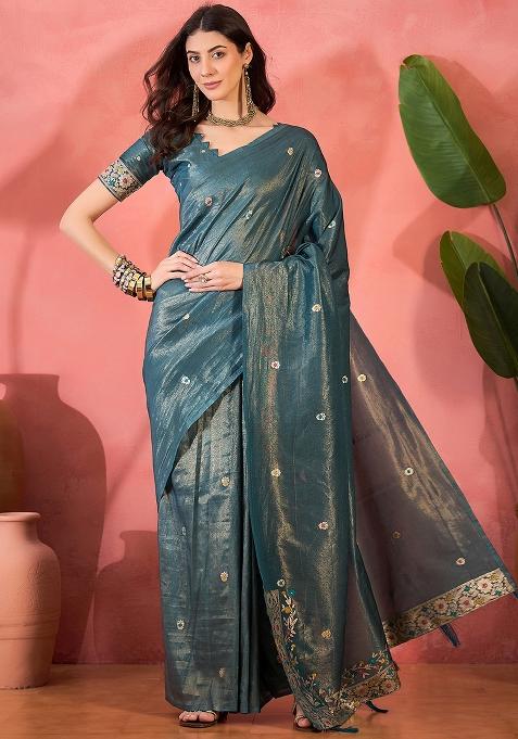 Blue Embroidered Silk Saree Set