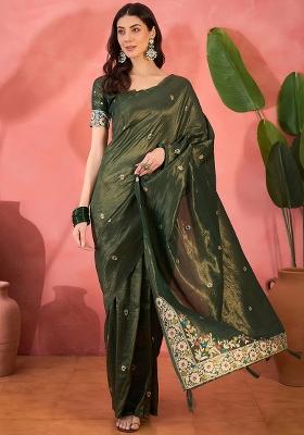 Green Embroidered Silk Saree Set