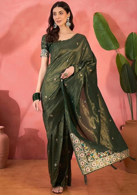 Green Embroidered Silk Saree Set