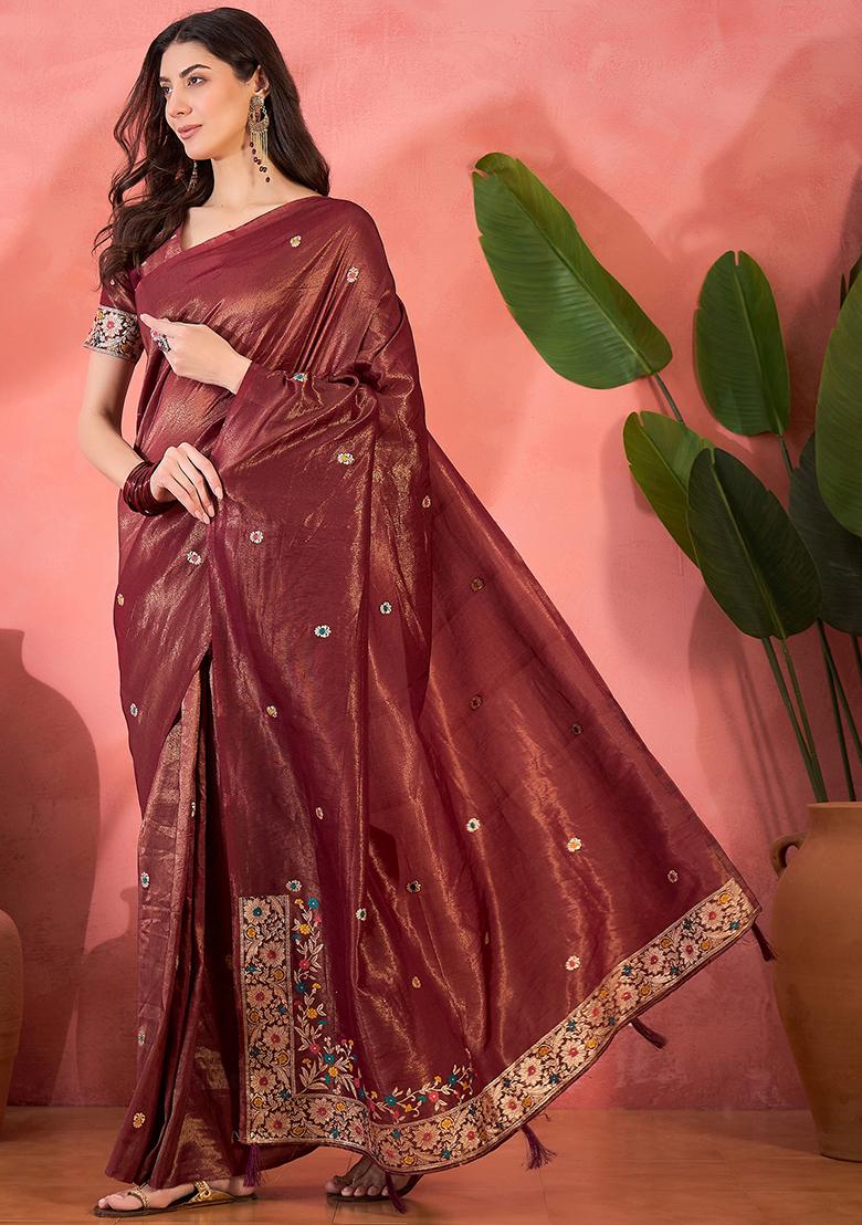 Maroon Embroidered Silk Saree Set - Indya