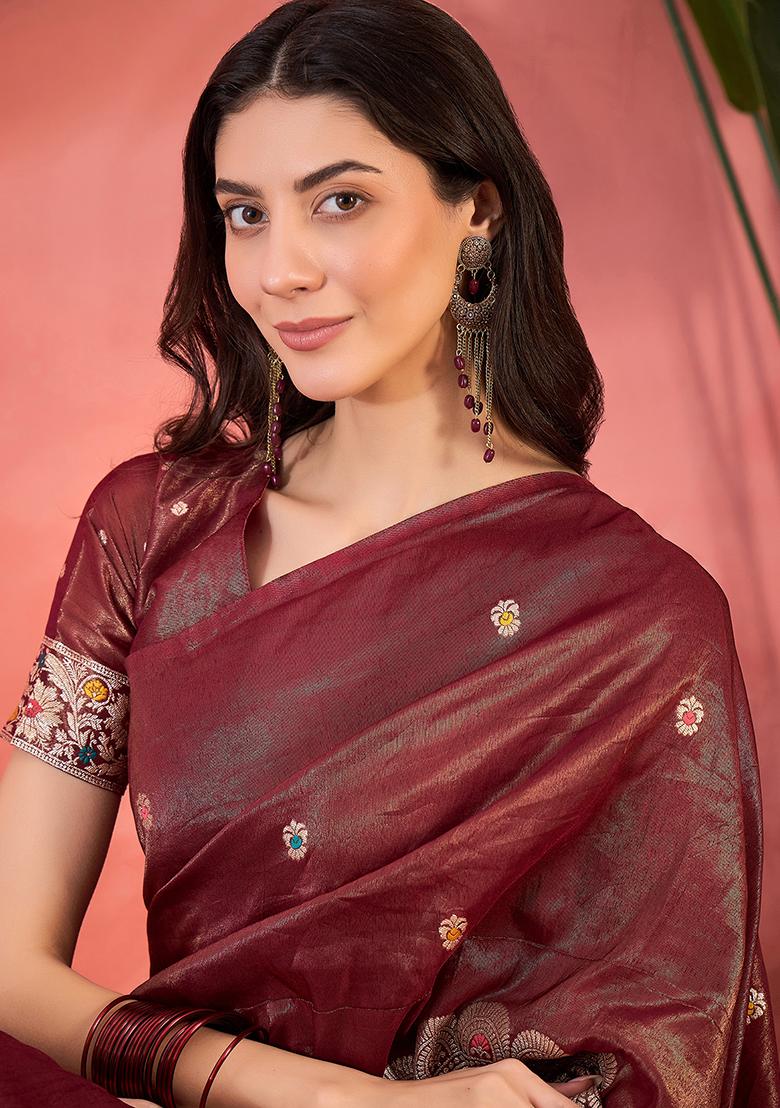 Maroon Embroidered Silk Saree Set - Indya