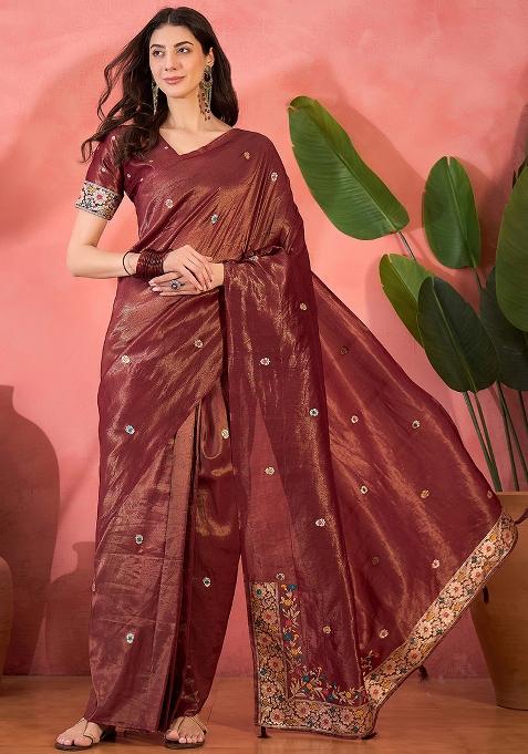 Maroon Embroidered Silk Saree Set