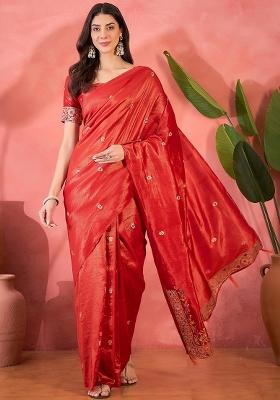 Red Embroidered Silk Saree Set