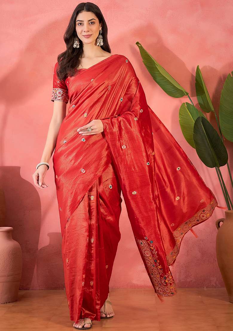 Red Embroidered Silk Blend Saree Set - Indya