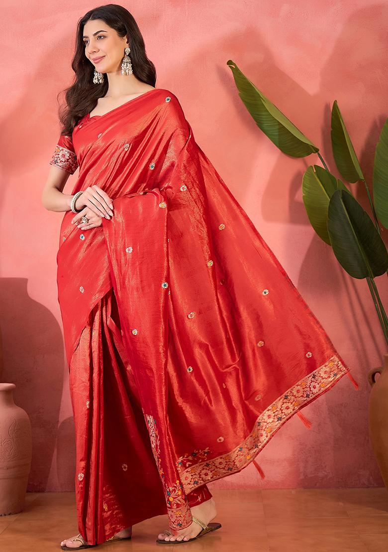 Red Embroidered Silk Saree Set - Indya