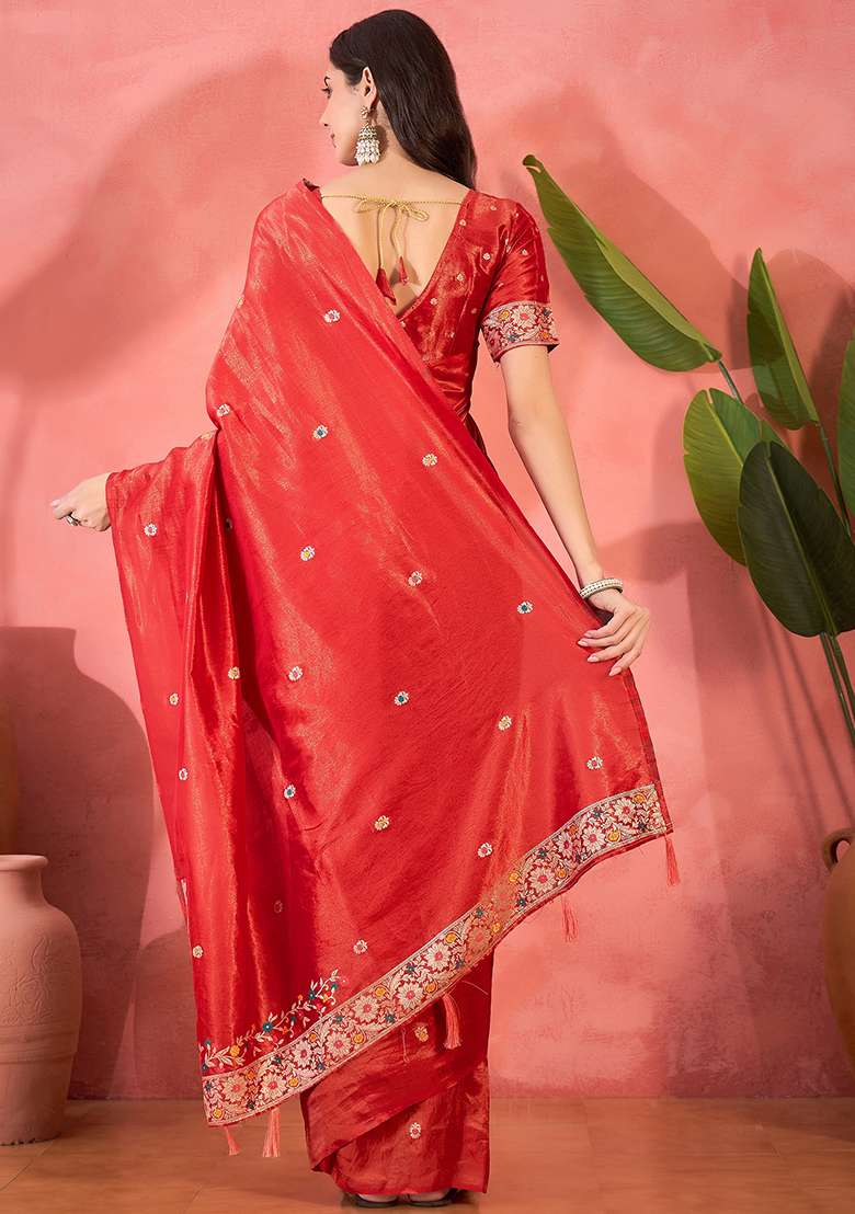 Red Embroidered Silk Blend Saree Set - Indya