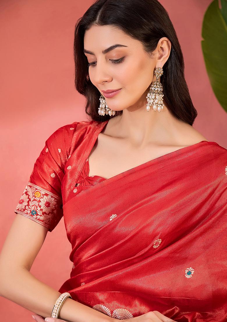 Red Embroidered Silk Saree Set - Indya