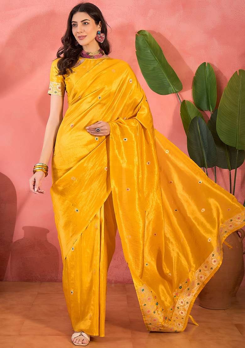 Yellow Embroidered Silk Blend Saree Set - Indya