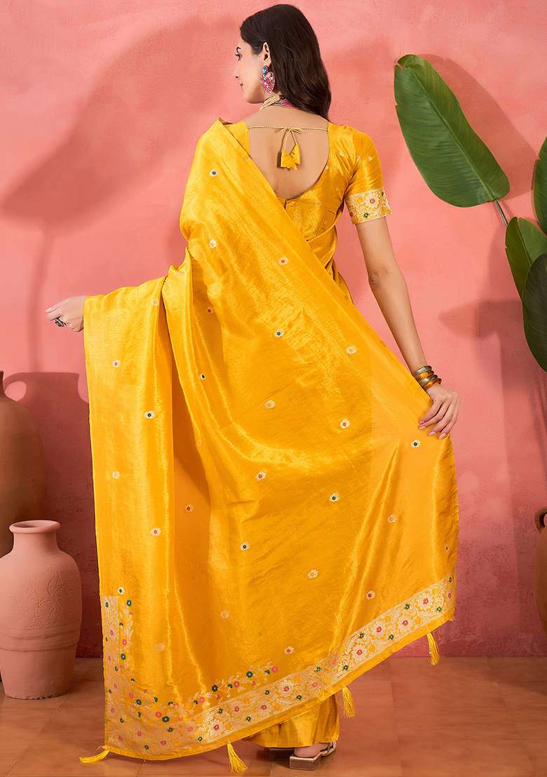 Yellow Embroidered Silk Blend Saree Set - Indya