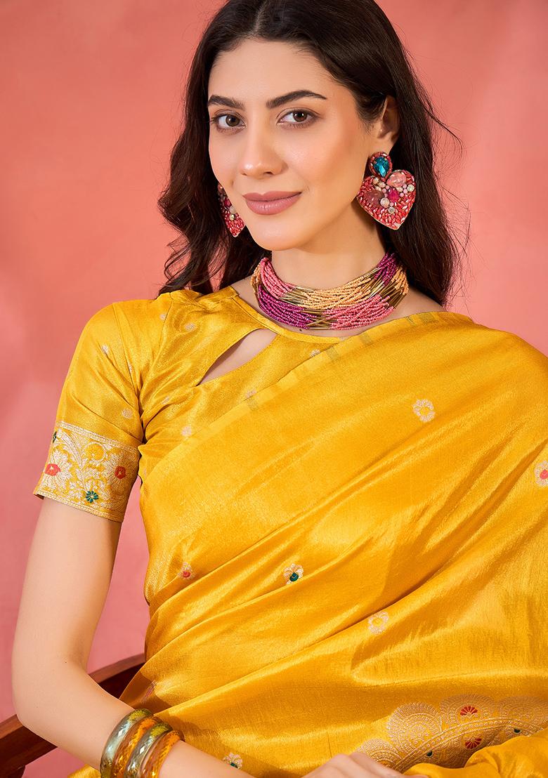 Yellow Embroidered Silk Saree Set - Indya
