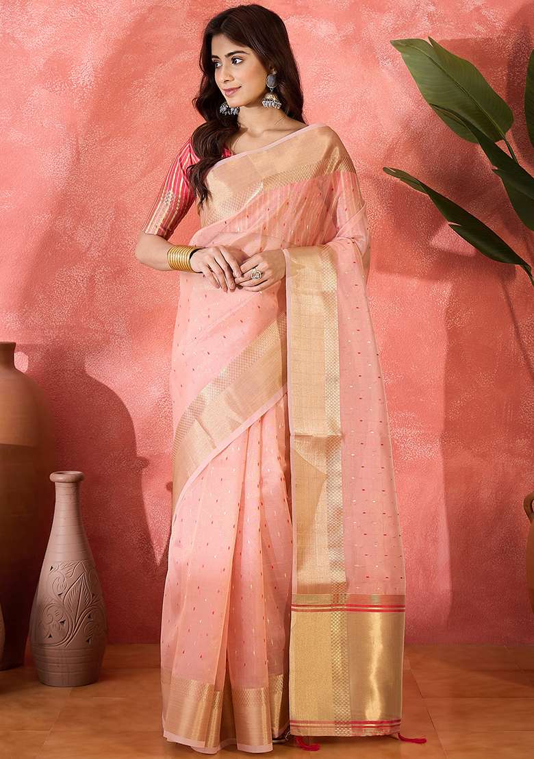 Pink Embroidered Organza Saree Set - Indya