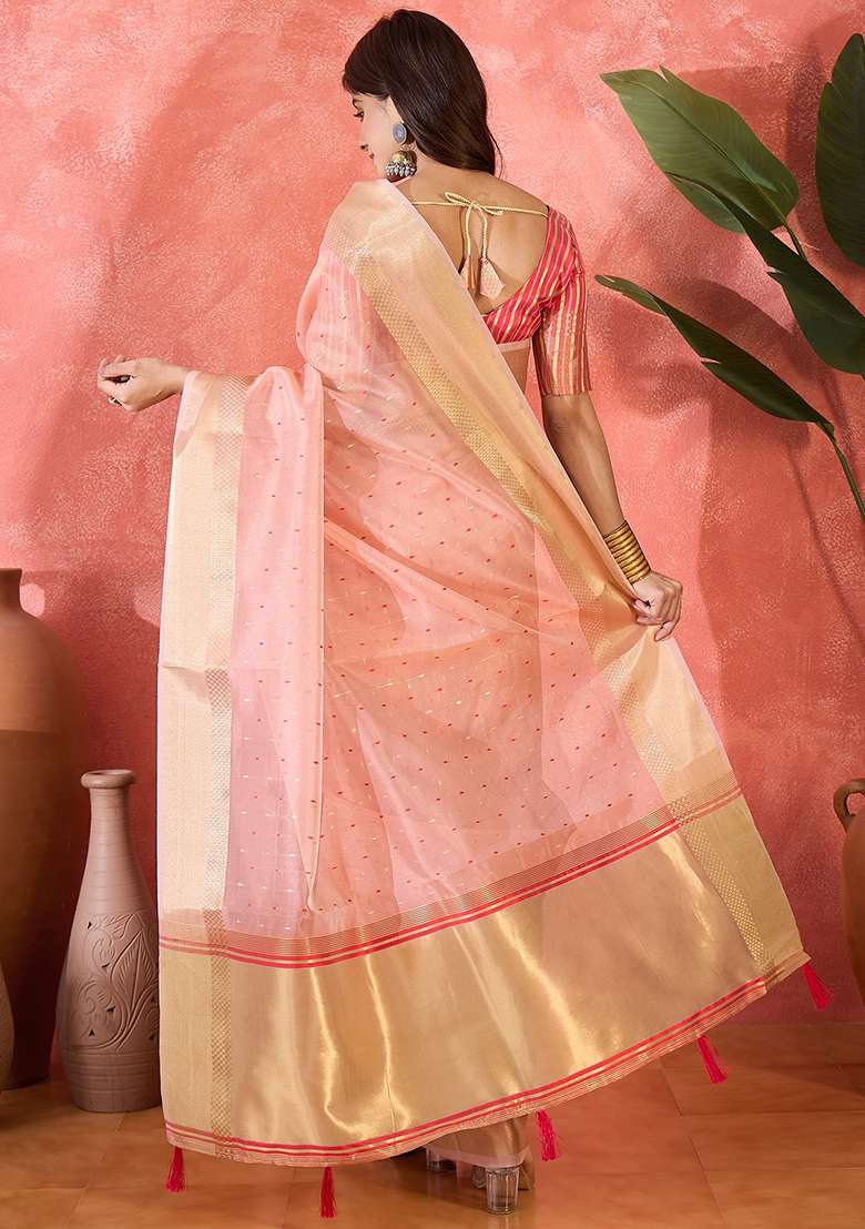 Pink Embroidered Organza Saree Set - Indya