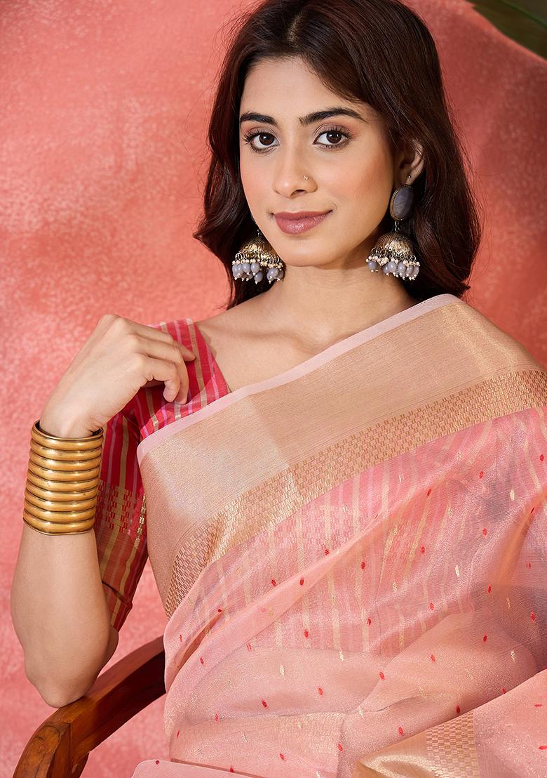 Pink Embroidered Organza Saree Set - Indya