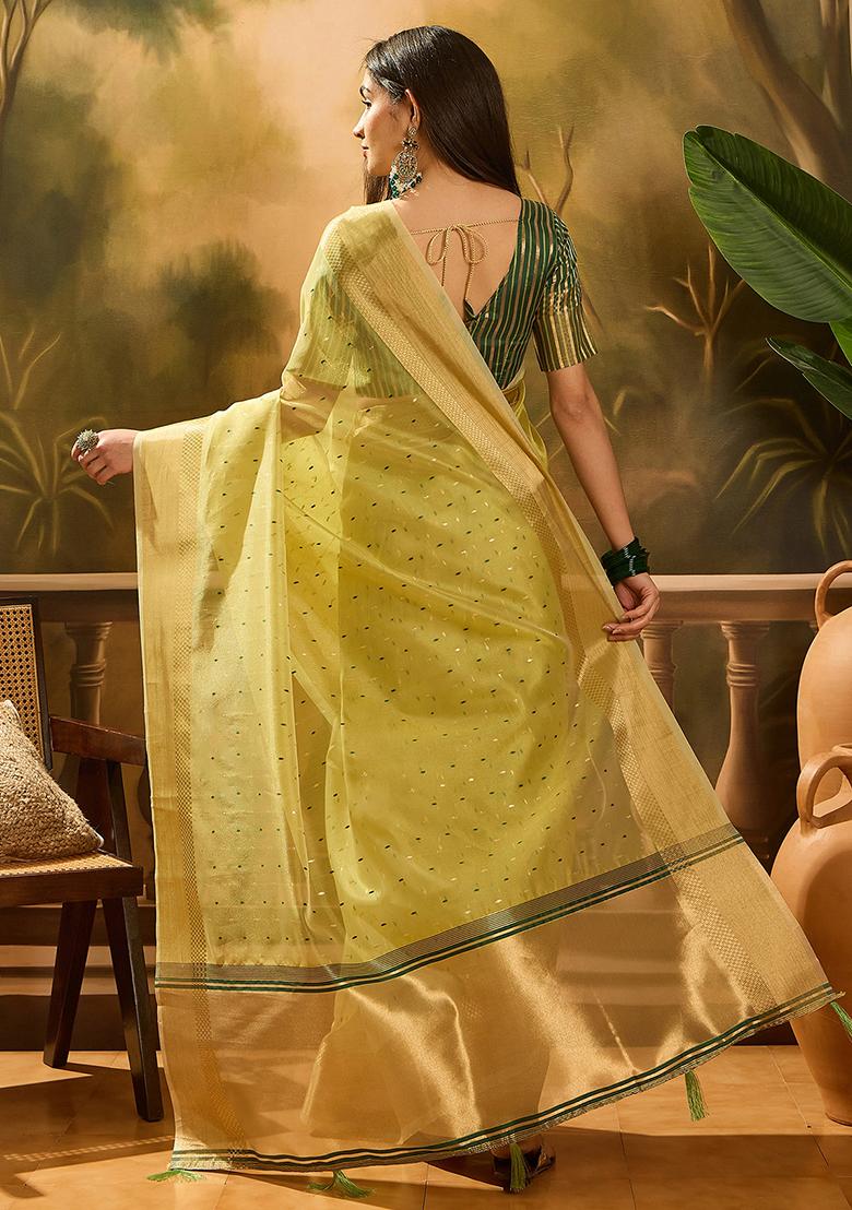 Green Embroidered Organza Saree Set - Indya