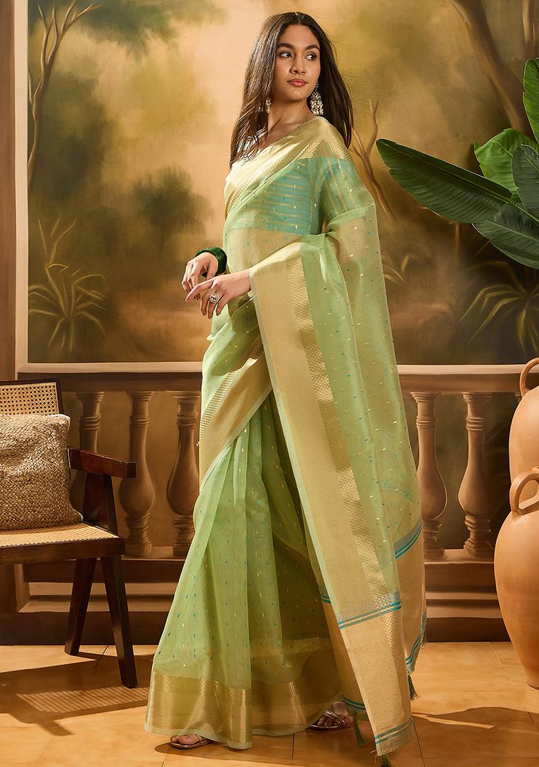 Green Embroidered Organza Saree Set - Indya