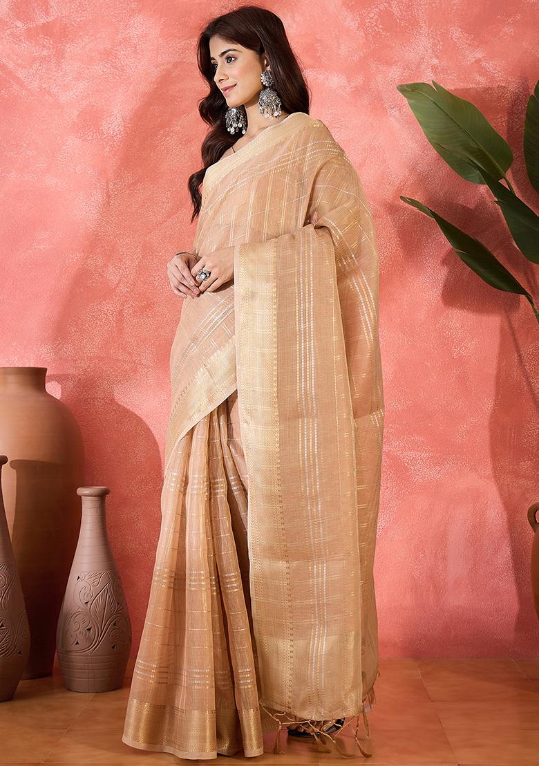 Beige Embroidered Organza Saree Set - Indya