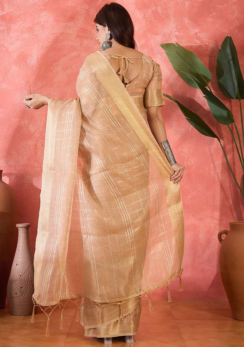 Beige Embroidered Organza Saree Set - Indya