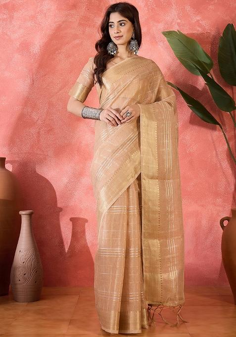 Beige Embroidered Organza Saree Set