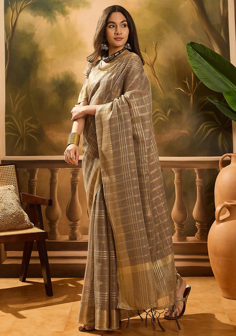 Brown Embroidered Organza Saree Set - Indya