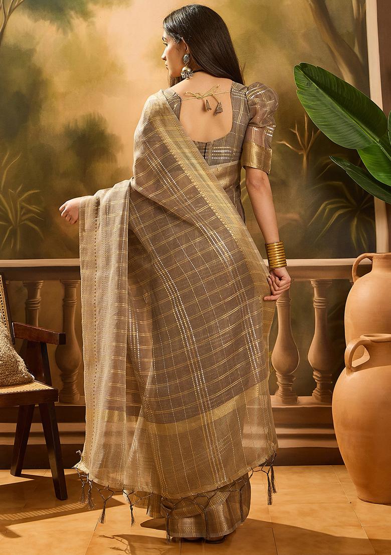 Brown Embroidered Organza Saree Set