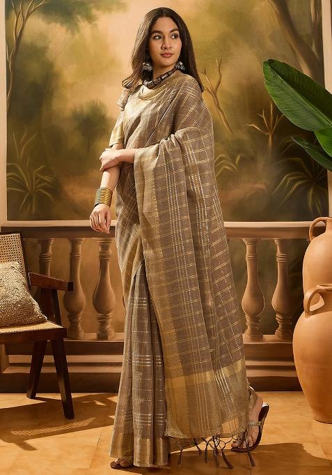 Brown Embroidered Organza Saree Set