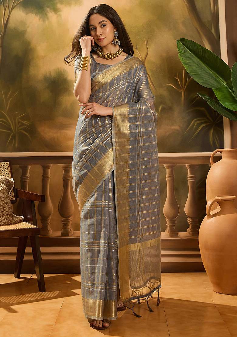 Grey Embroidered Organza Saree Set - Indya