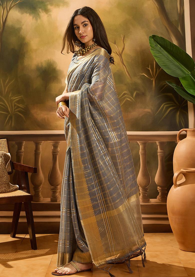 Grey Embroidered Organza Saree Set - Indya