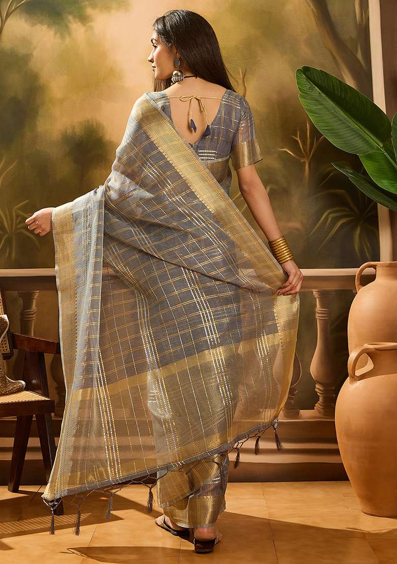 Grey Embroidered Organza Saree Set - Indya