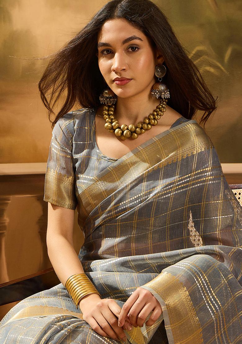 Grey Embroidered Organza Saree Set - Indya