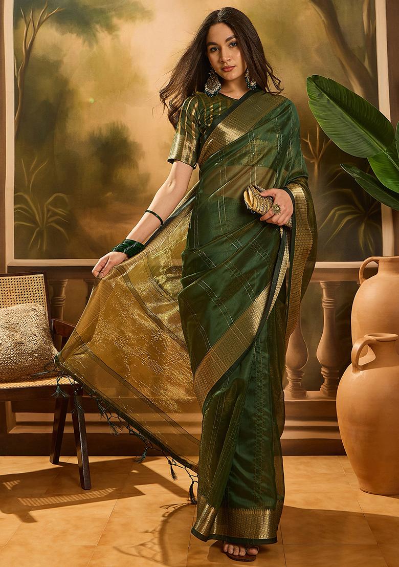 Green Embroidered Organza Saree Set - Indya