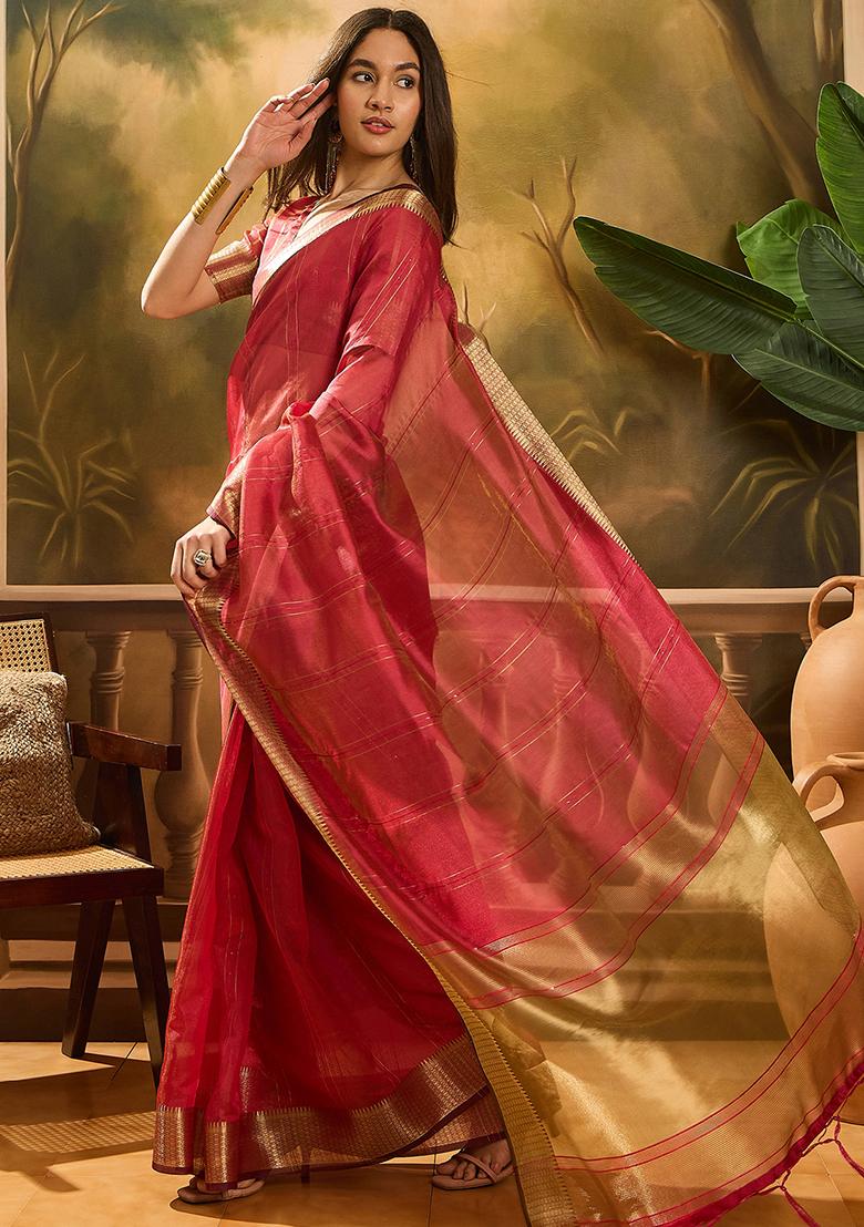 Maroon Embroidered Organza Saree Set - Indya