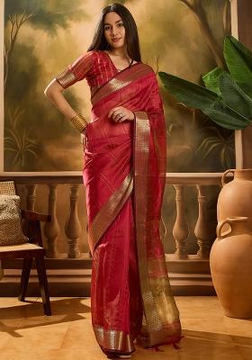 Pink Embroidered Organza Saree Set