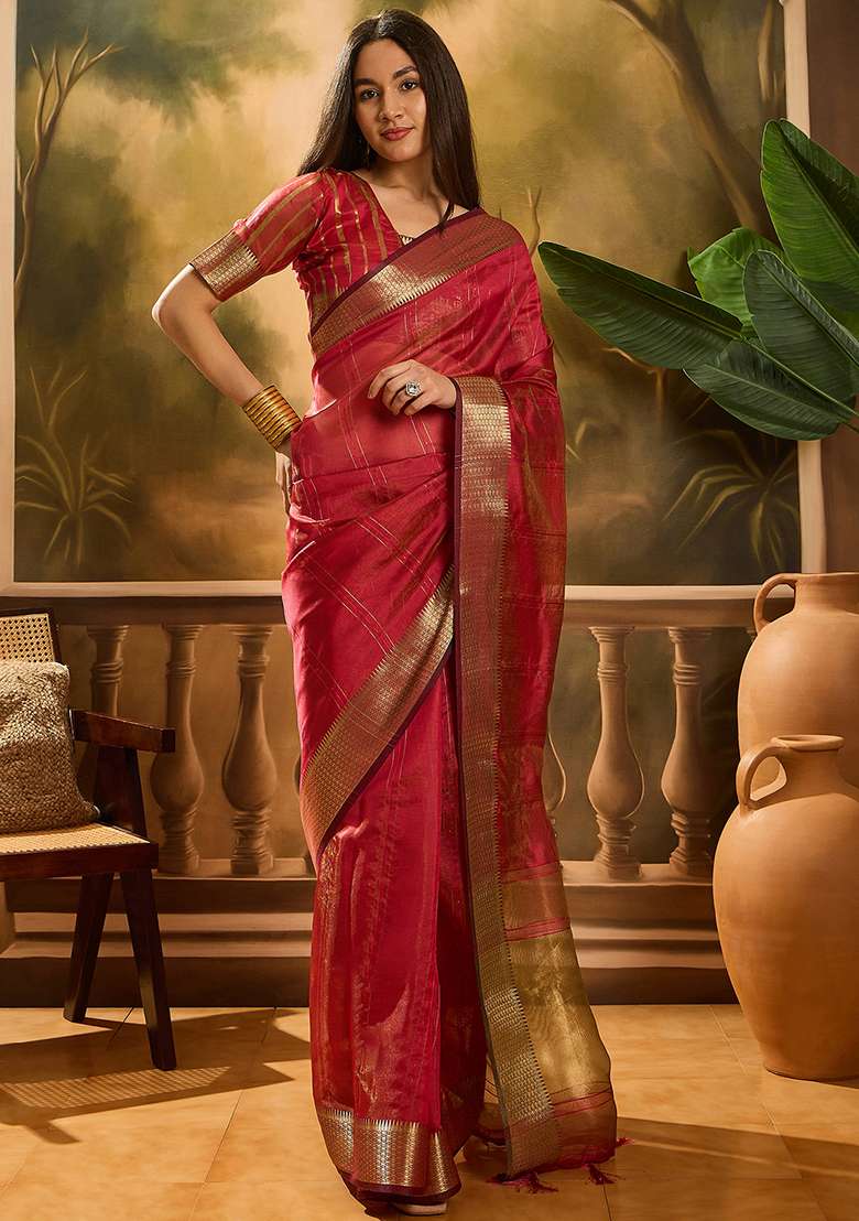 Pink Embroidered Organza Saree Set - Indya