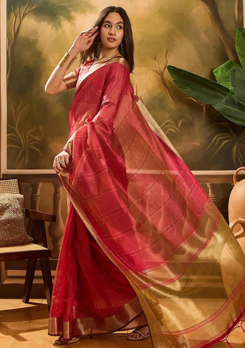 Pink Embroidered Organza Saree Set - Indya