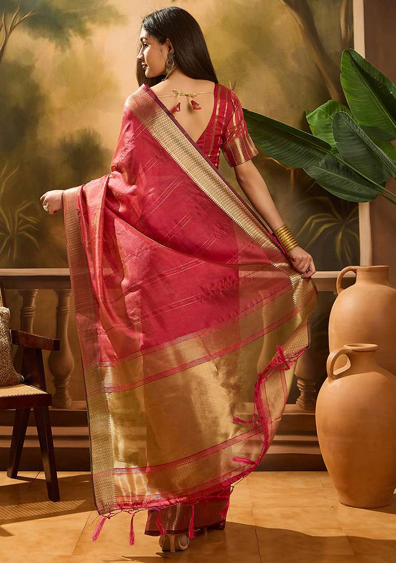 Pink Embroidered Organza Saree Set - Indya