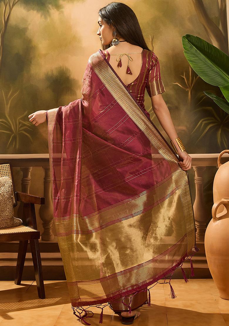 Wine Embroidered Organza Saree Set - Indya